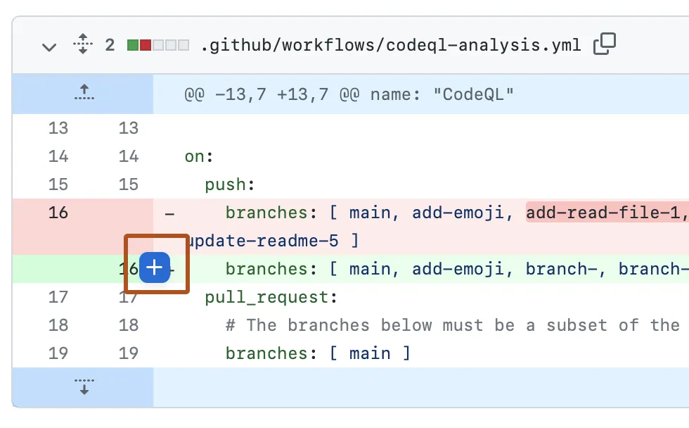 Pull request diffnézete; egy sorszám mellett narancssárga kerettel kiemelt kék plusz ikon.