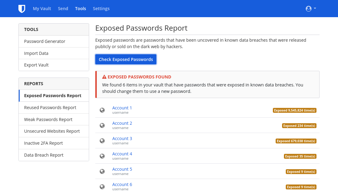 A Bitwarden Data Breach Report funkciója